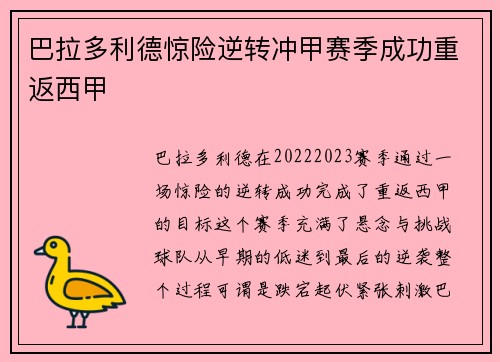 巴拉多利德惊险逆转冲甲赛季成功重返西甲 巴拉多利德惊险逆转冲甲赛季成功重返西甲